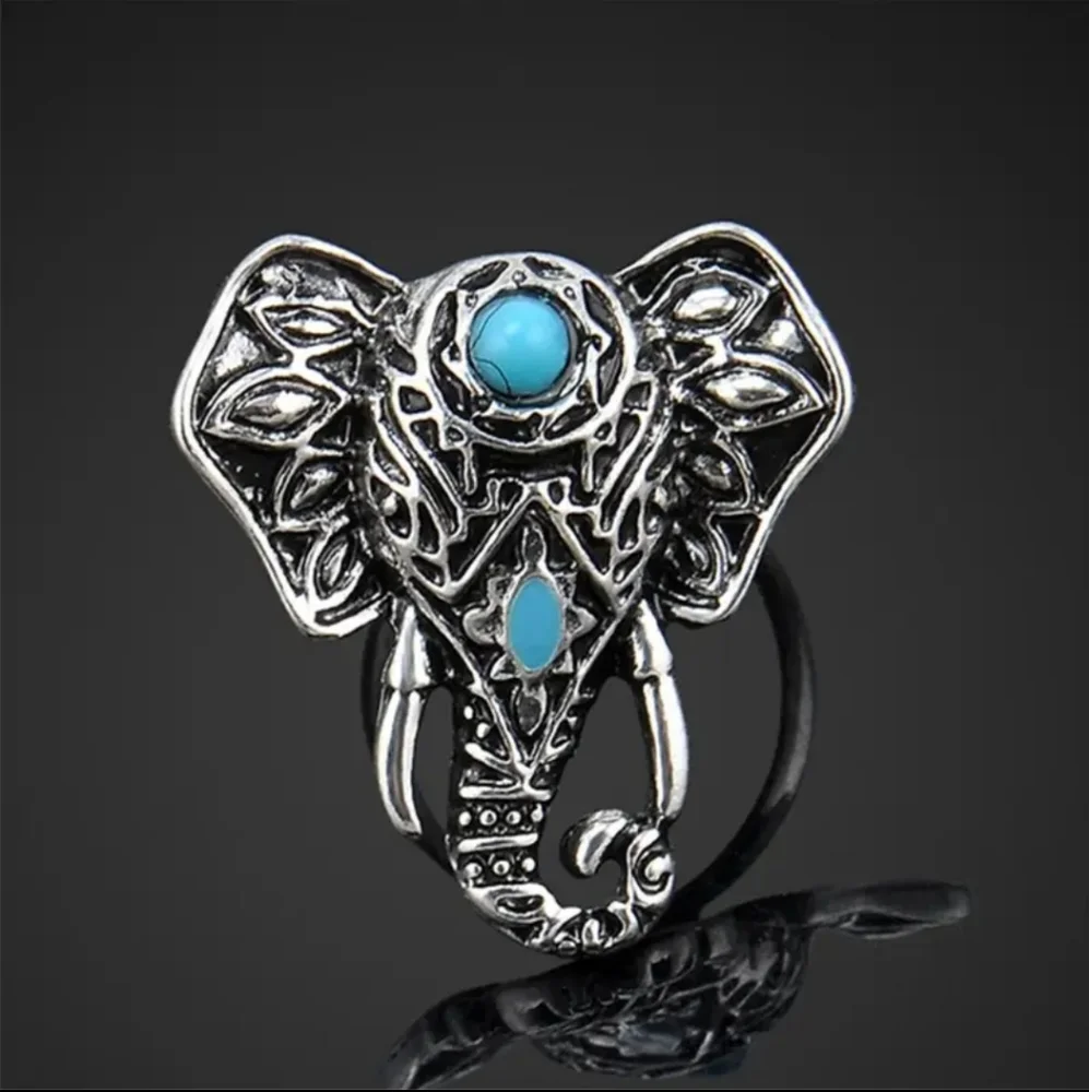 Bohemian Elephant Ring with Turquoise Accent Silver‎ Plated Adjustable Open Band